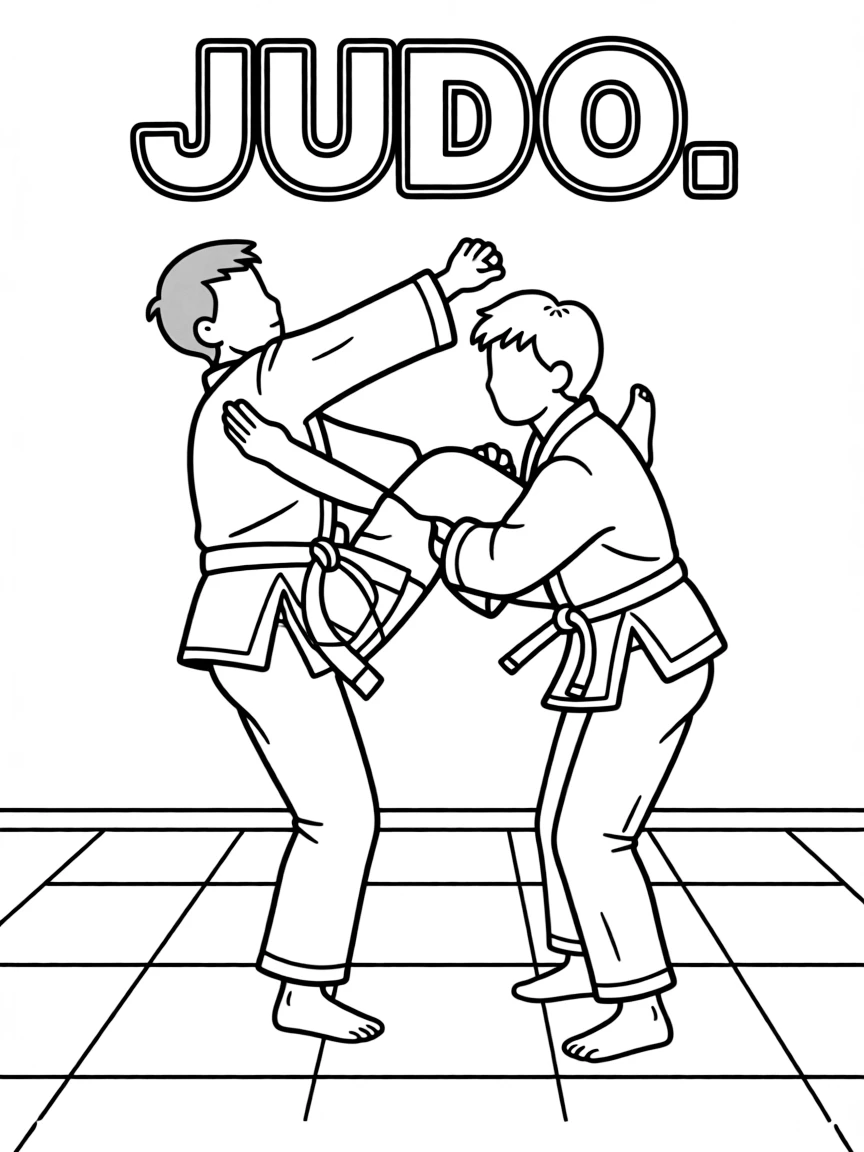 (summer olympics, sports) **Judo**
Two judokas in belted gis, one throwing the other in a hip-throw technique on a tatami mat. Title text at the top reads "JUDO."