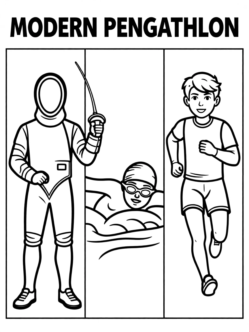 (summer olympics, sports) **Modern Pentathlon**
A single athlete shown in a triptych-style pose combining fencing, swimming, and running elements across one scene. Title text at the top reads "MODERN PENTATHLON."