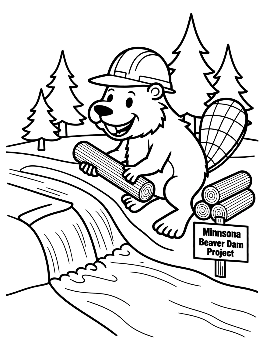 A happy beaver with a hard hat and a big smile, building a dam in Minnesota.