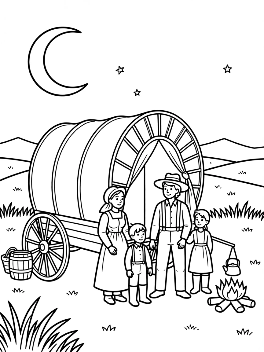 A brave pioneer family enjoying a peaceful evening by their covered wagon in Nebraska.