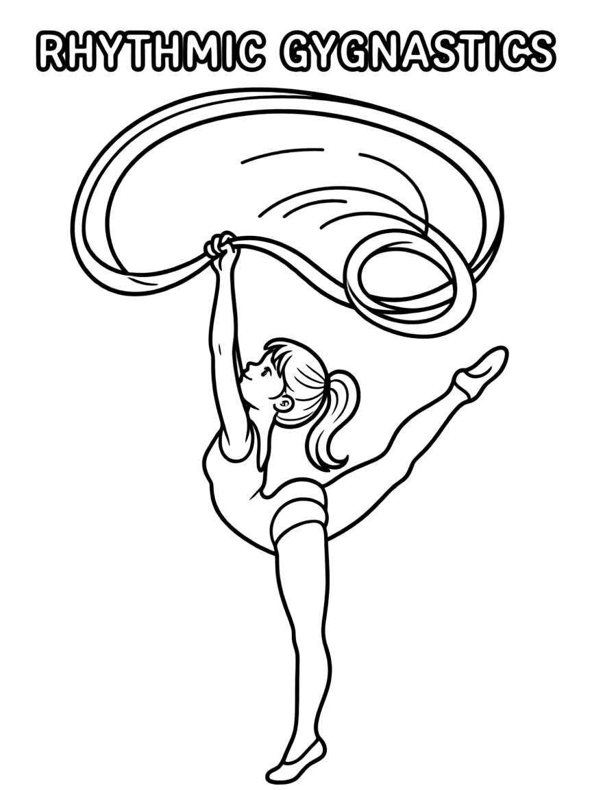 (summer olympics, sports) **Rhythmic Gymnastics**
A gymnast in a graceful backbend pose twirling a long ribbon that spirals through the air above her. Title text at the top reads "RHYTHMIC GYMNASTICS."