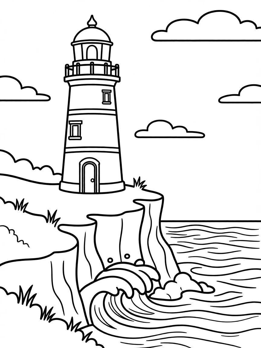 A cute little lighthouse on a cliff with waves crashing below in Rhode Island.