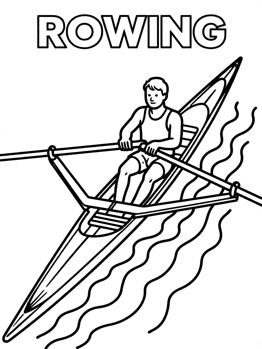(summer olympics, sports) **Rowing**
A rower mid-stroke in a narrow racing shell, oars extended out on both sides, water rippling below. Title text at the top reads "ROWING."
