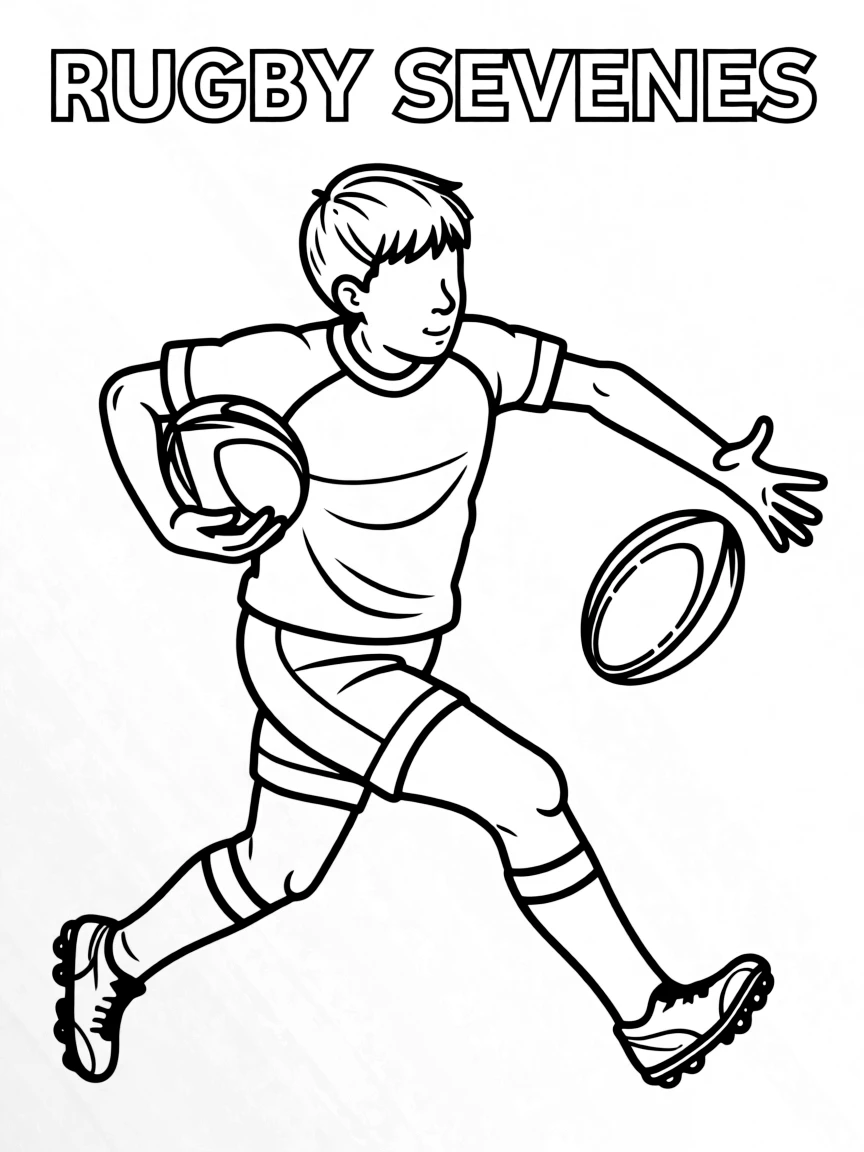 (summer olympics, sports) **Rugby Sevens**
A player running with a rugby ball tucked under one arm, fending off a tackle with the other hand. Title text at the top reads "RUGBY SEVENS."
