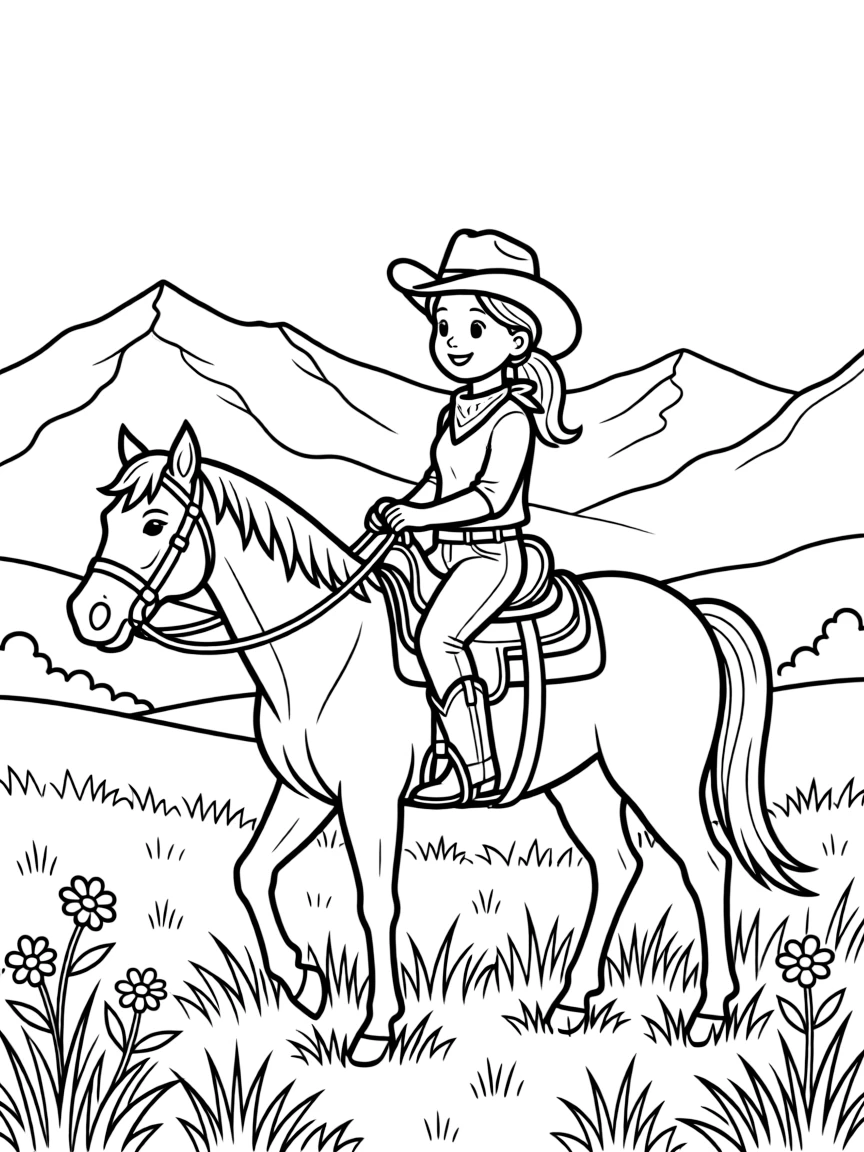 A happy cowgirl on a horse, riding through a field with mountains in the background in Colorado.