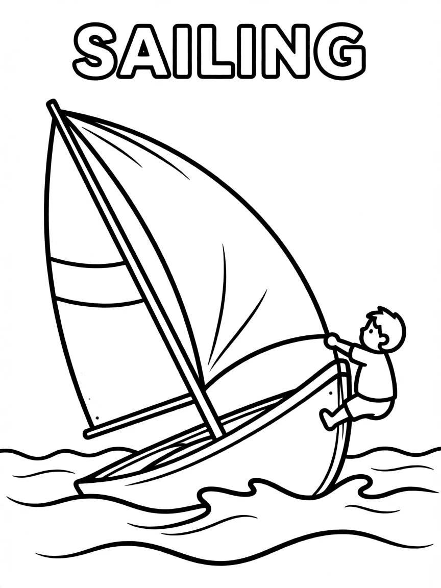 (summer olympics, sports) **Sailing**
A small sailboat leaning in the wind on choppy water, sail billowing, sailor leaning back off the side to balance it. Title text at the top reads "SAILING."