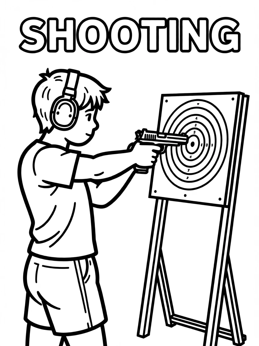 (summer olympics, sports) **Shooting**
An athlete in shooting stance aiming a target pistol at a paper target with concentric rings, ear protection on. Title text at the top reads "SHOOTING."