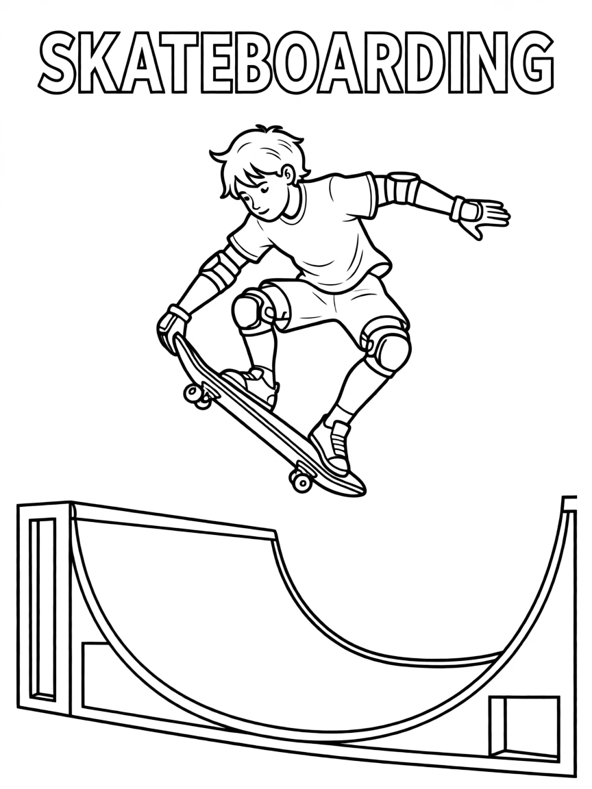 (summer olympics, sports) **Skateboarding**
A skater airborne above a halfpipe ramp, grabbing the board mid-trick. Title text at the top reads "SKATEBOARDING."