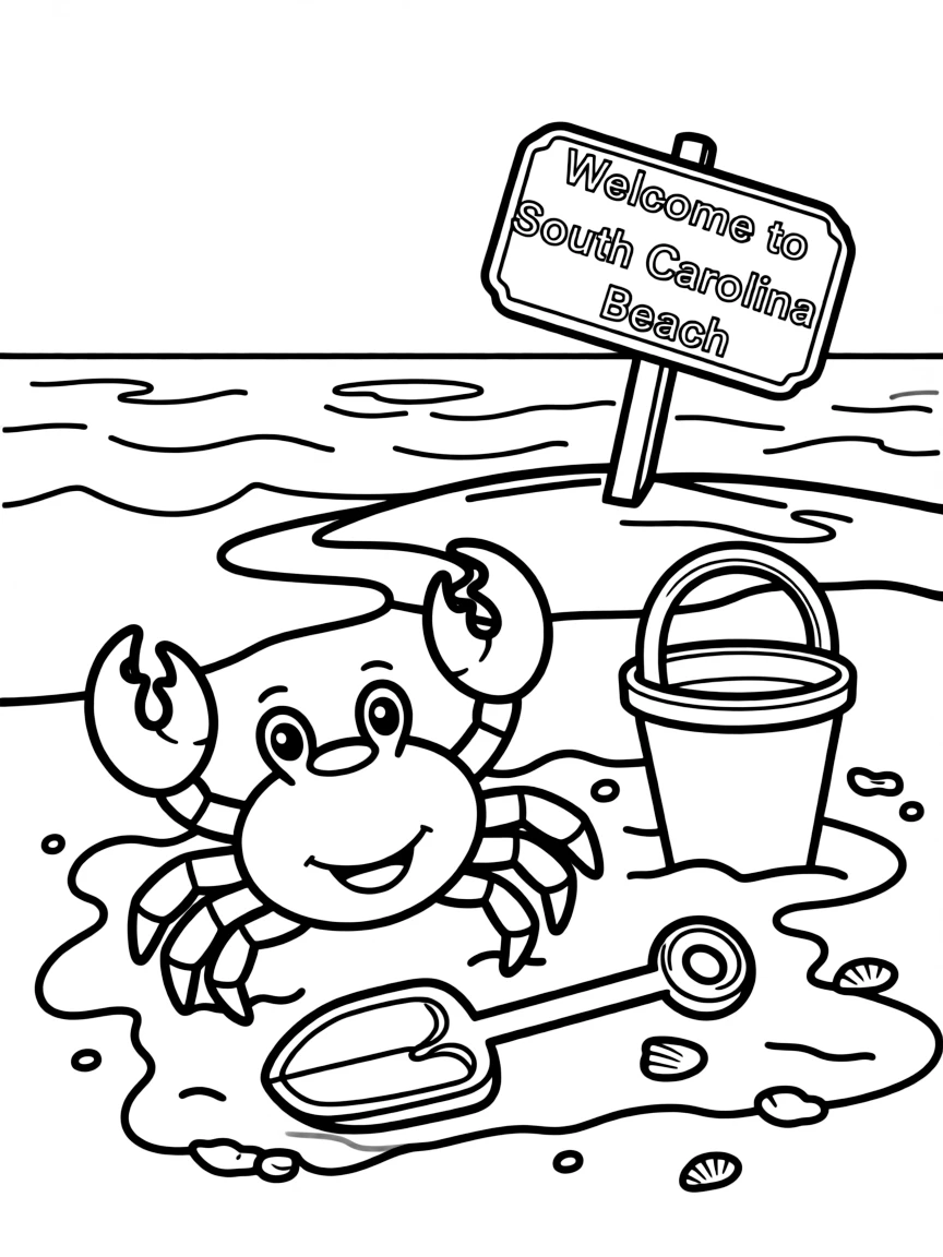 A little crab playing in the sand with a bucket and a shovel, smiling in South Carolina.
