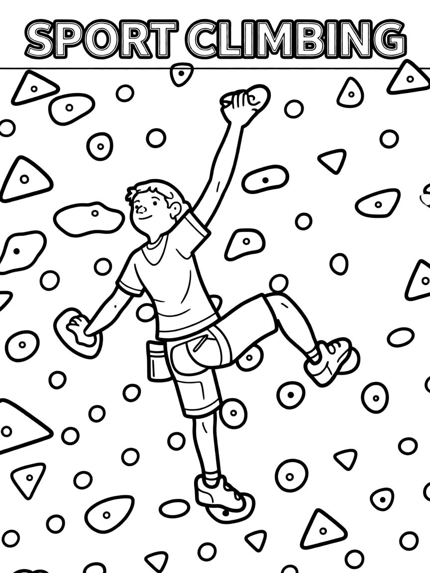 (summer olympics, sports) **Sport Climbing**
A climber scaling a steep indoor climbing wall dotted with colorful holds, one arm reaching up. Title text at the top reads "SPORT CLIMBING."