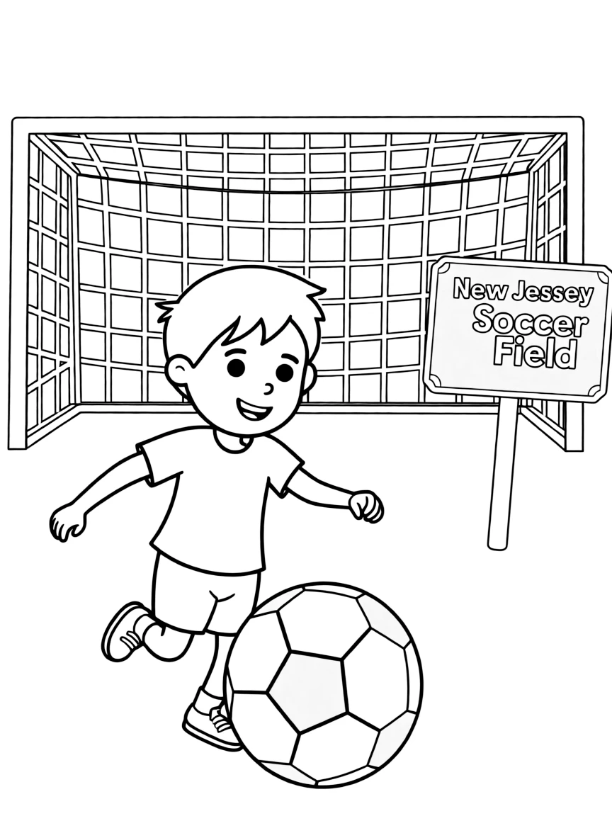 A cheerful little boy playing soccer with a ball and a goal in New Jersey.