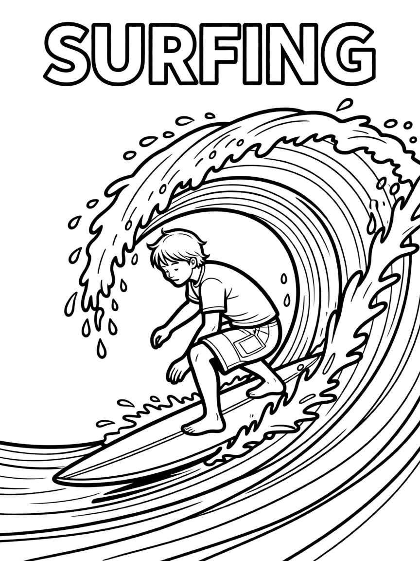 (summer olympics, sports) **Surfing**
A surfer crouched low riding along the curling face of a large wave, board carving a spray of water. Title text at the top reads "SURFING."