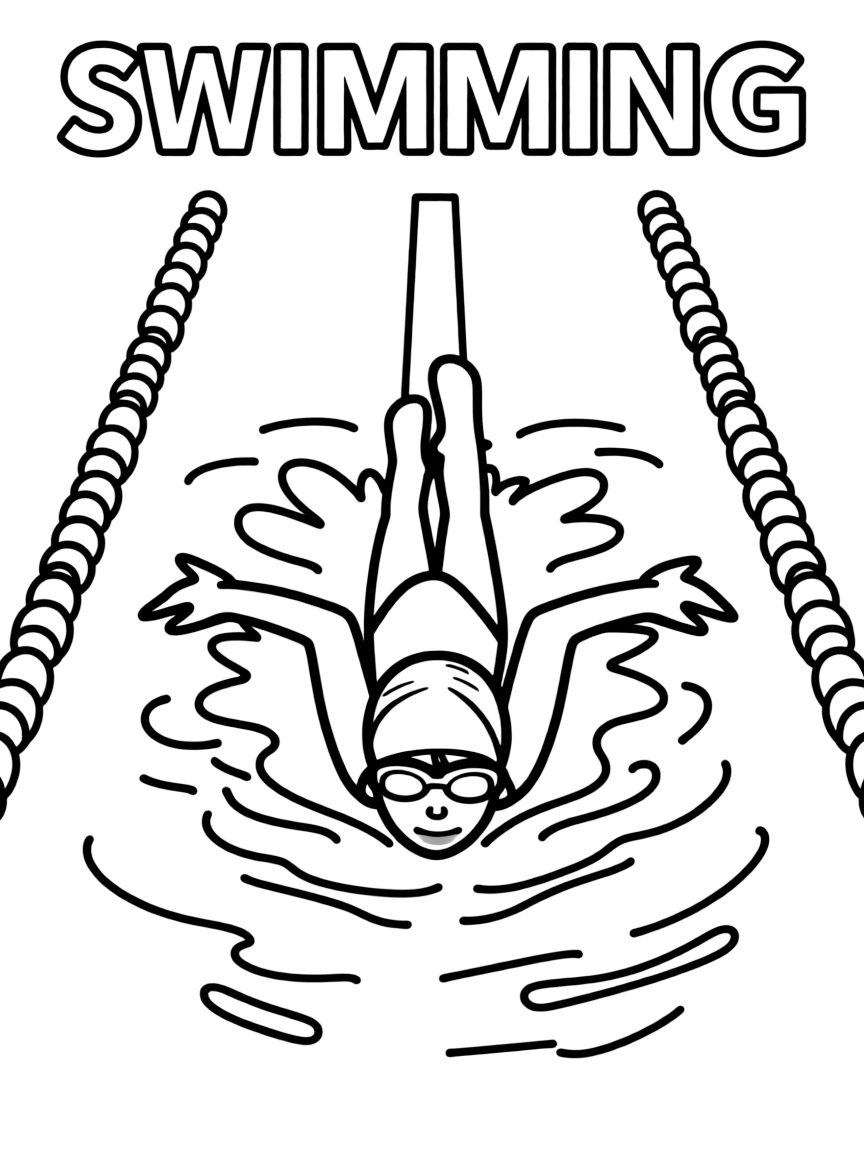 (summer olympics, sports) **Swimming**
A swimmer mid-stroke doing freestyle in a lane of a swimming pool, lane ropes and splash lines visible. Title text at the top reads "SWIMMING."