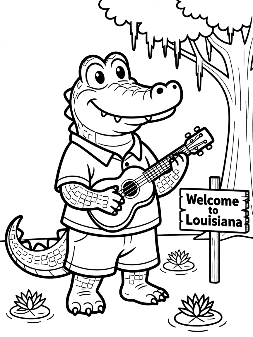 A cute little alligator playing the ukulele with a big smile in Louisiana.