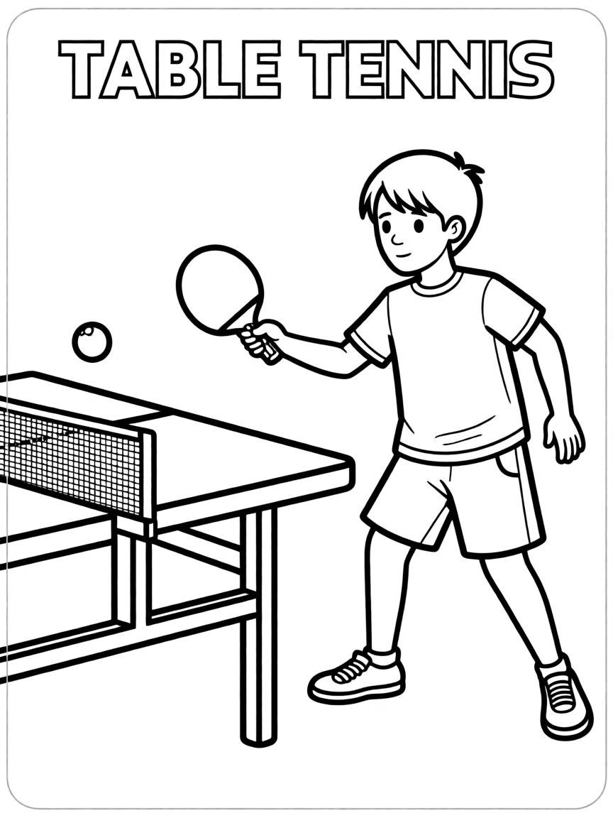 (summer olympics, sports) **Table Tennis**
A player mid-swing with a paddle over a table tennis table, ball frozen above the net. Title text at the top reads "TABLE TENNIS."