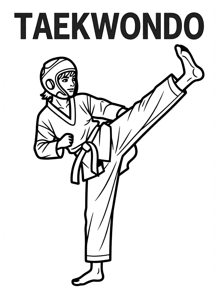 (summer olympics, sports) **Taekwondo**
An athlete in mid-air executing a high roundhouse kick, wearing a taekwondo uniform and head guard. Title text at the top reads "TAEKWONDO."