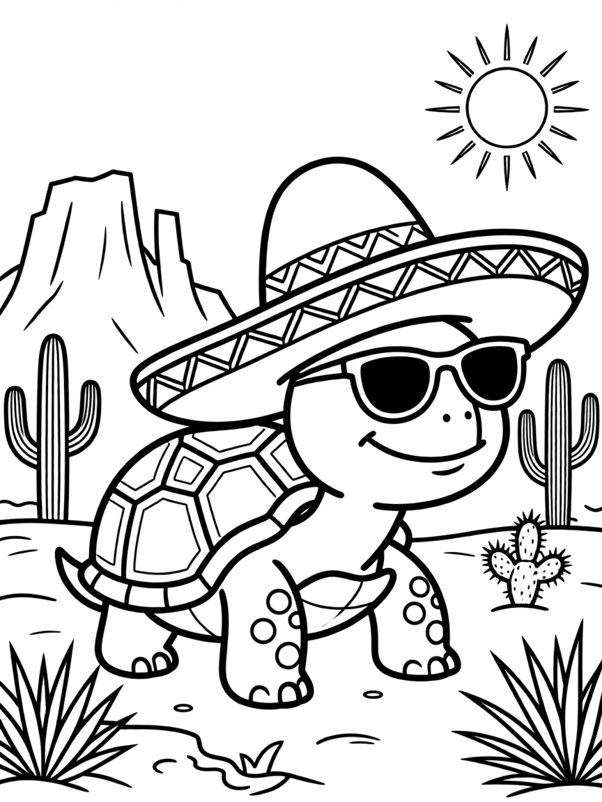 A smiling desert tortoise wearing sunglasses and a sombrero in Arizona.