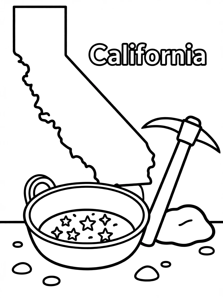 A tiny gold pan with sparkling gold flakes and a pickaxe nearby in California.