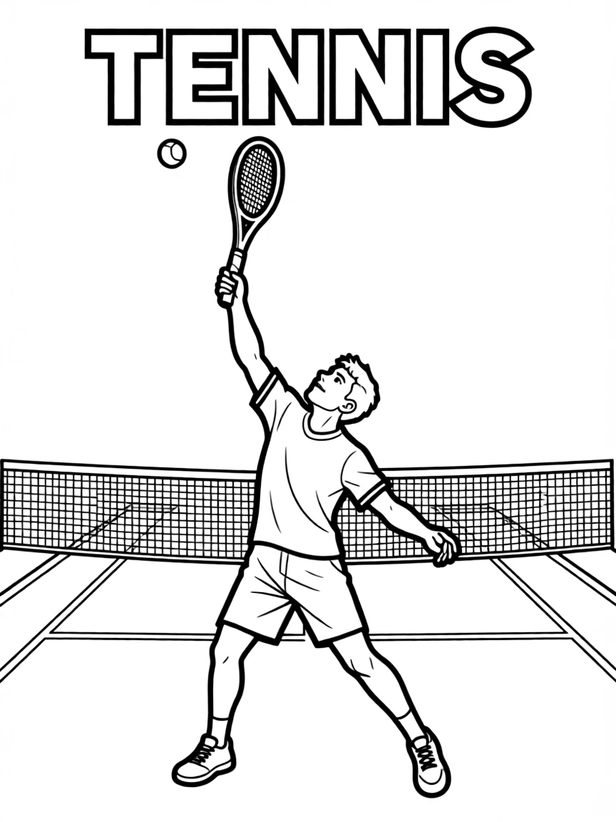 (summer olympics, sports) **Tennis**
A player mid-swing hitting an overhead serve on a tennis court, net and court lines visible. Title text at the top reads "TENNIS."