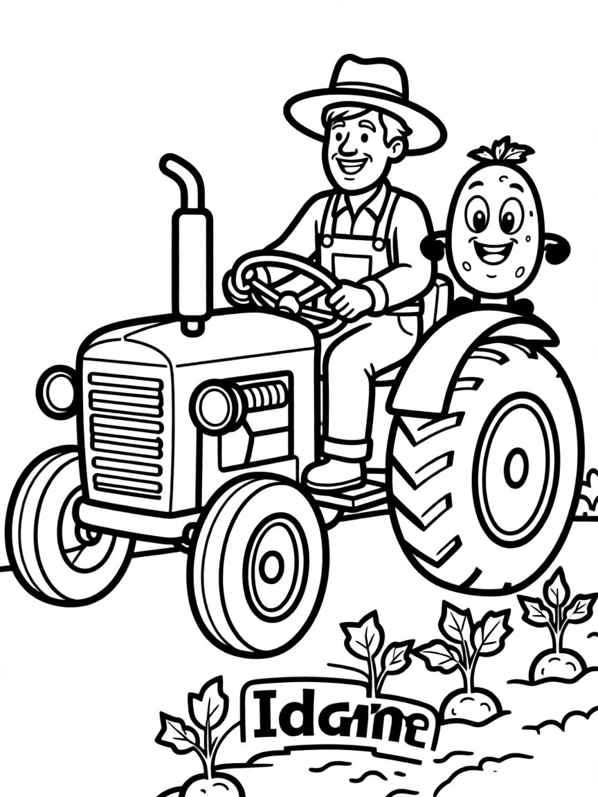 A happy potato farmer with a happy potato, driving a tractor in Idaho.