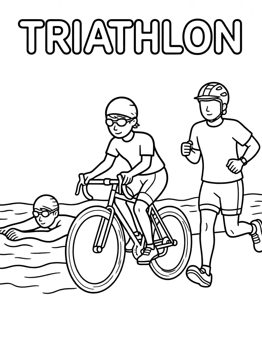 (summer olympics, sports) **Triathlon**
A single athlete shown transitioning between swimming, cycling, and running, depicted moving left to right across one continuous scene. Title text at the top reads "TRIATHLON."