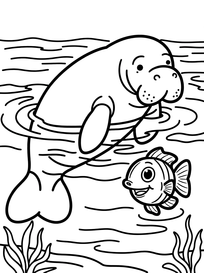A joyful manatee swimming with a friendly fish in clear blue water in Florida.