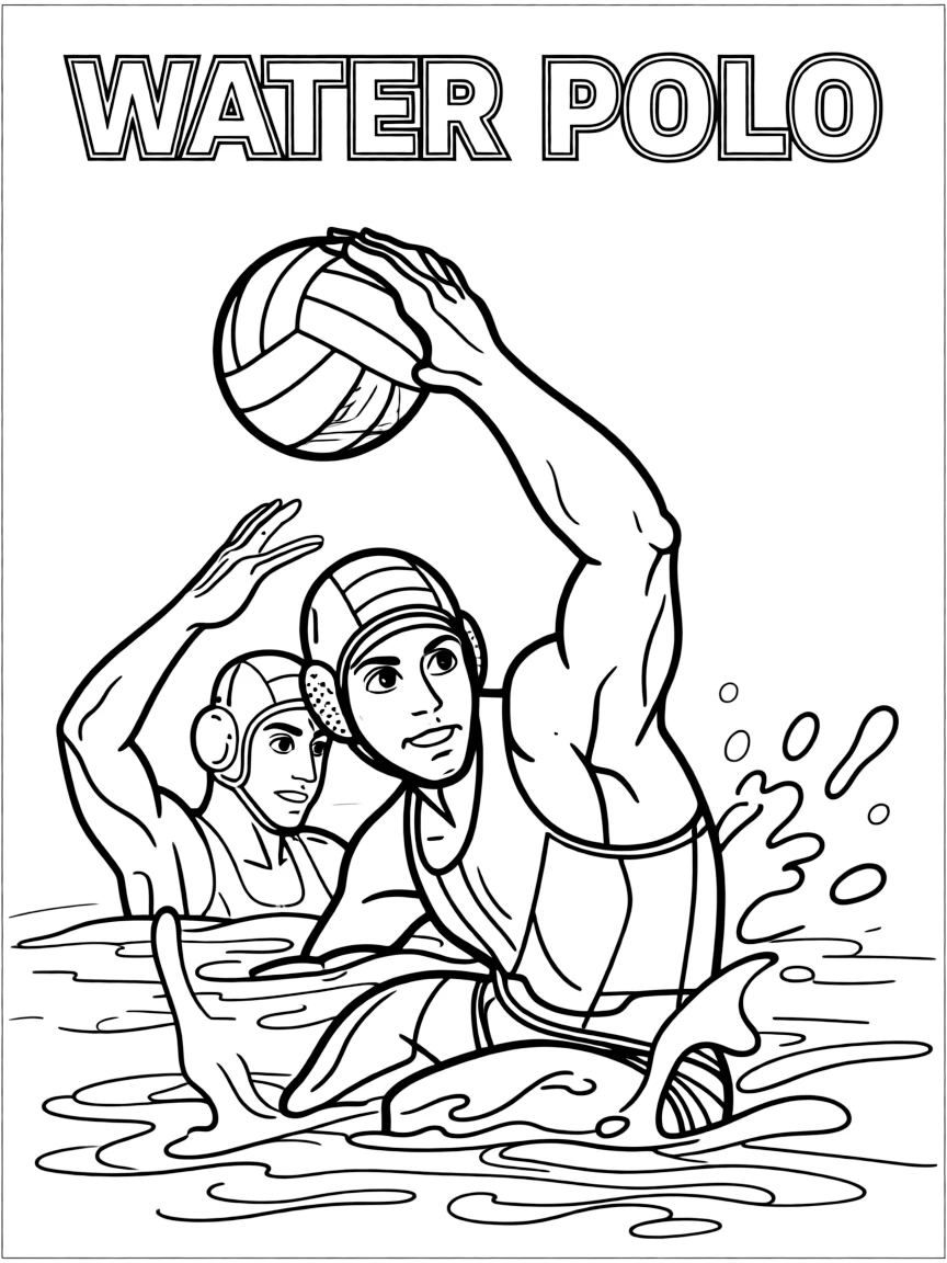 (summer olympics, sports) **Water Polo**
A player treading water while throwing a ball one-handed over an opponent, water splashing around them. Title text at the top reads "WATER POLO."