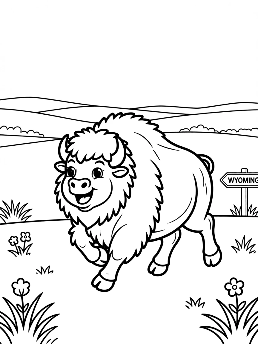 A bubbly bison galloping across a vast plain with a happy look in Wyoming.