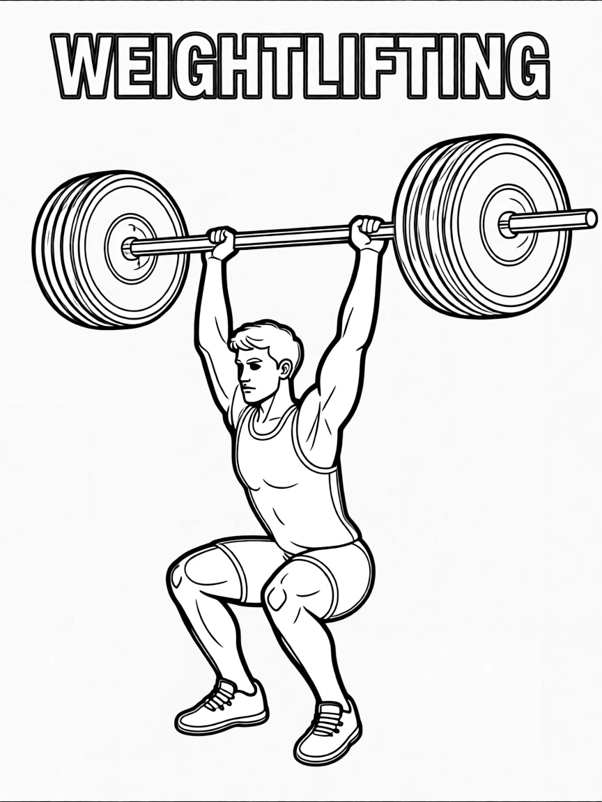 (summer olympics, sports) **Weightlifting**
A lifter mid-lift holding a heavily loaded barbell overhead in a deep squat stance. Title text at the top reads "WEIGHTLIFTING."