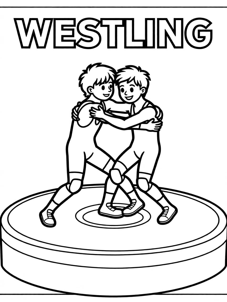 (summer olympics, sports) **Wrestling**
Two wrestlers grappling on a circular wrestling mat, one attempting a takedown. Title text at the top reads "WRESTLING."
