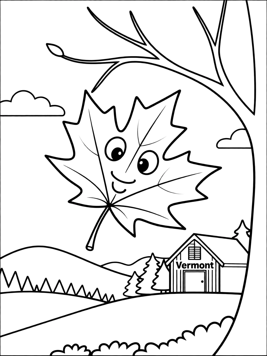 A cute maple leaf falling from a tree with a happy face on it in Vermont.