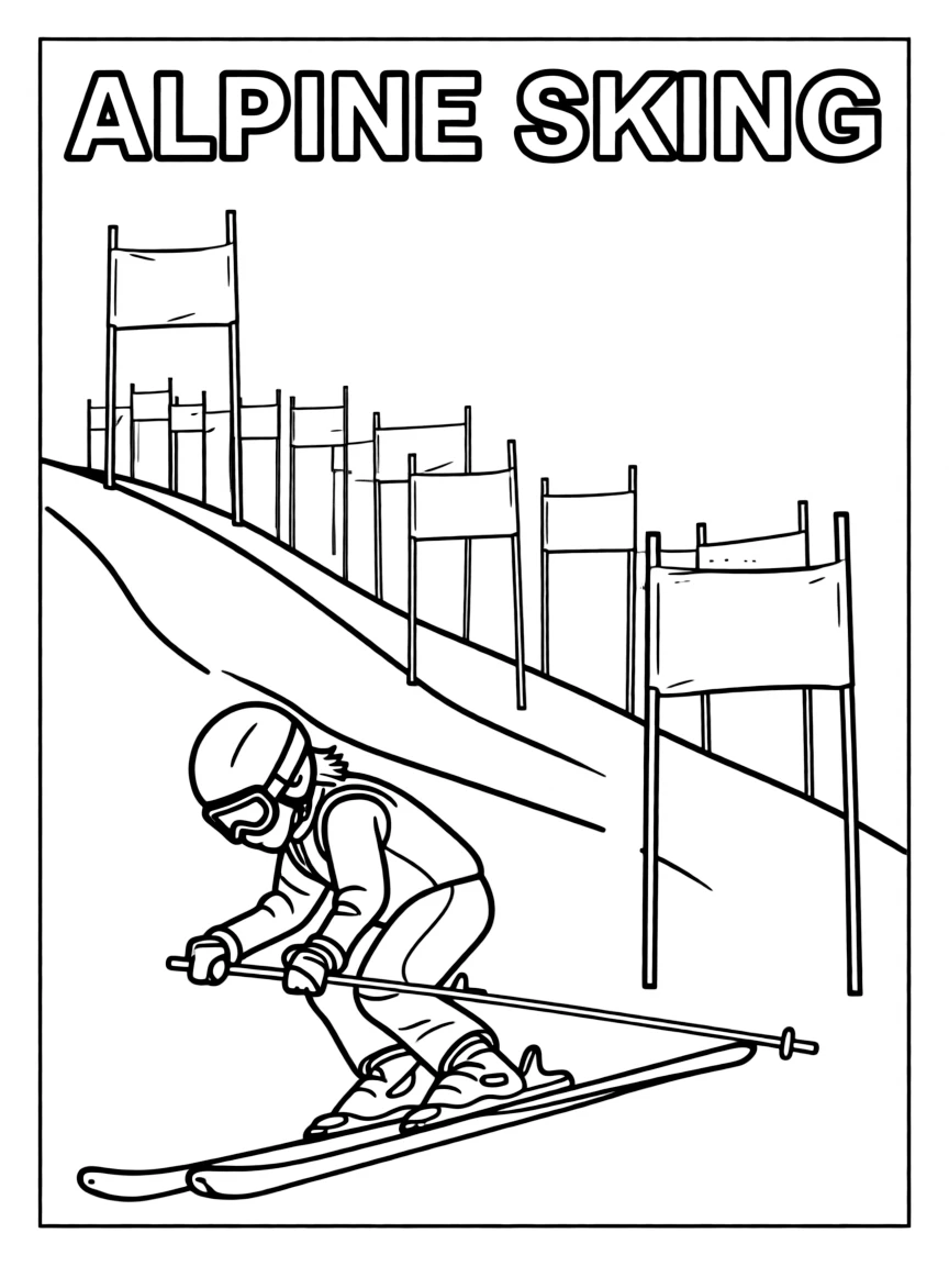 (winter olympics, sports) **Alpine Skiing**
A skier crouched low in a racing tuck carving down a snowy mountain slope past a row of slalom gates. Title text at the top reads "ALPINE SKIING."