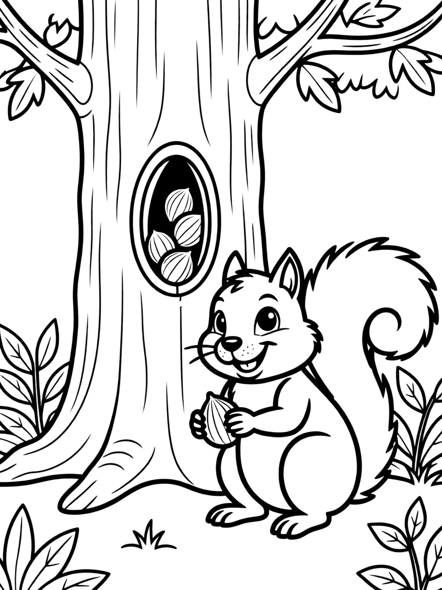 A playful squirrel hiding nuts in a tree trunk with a sneaky smile in North Carolina.