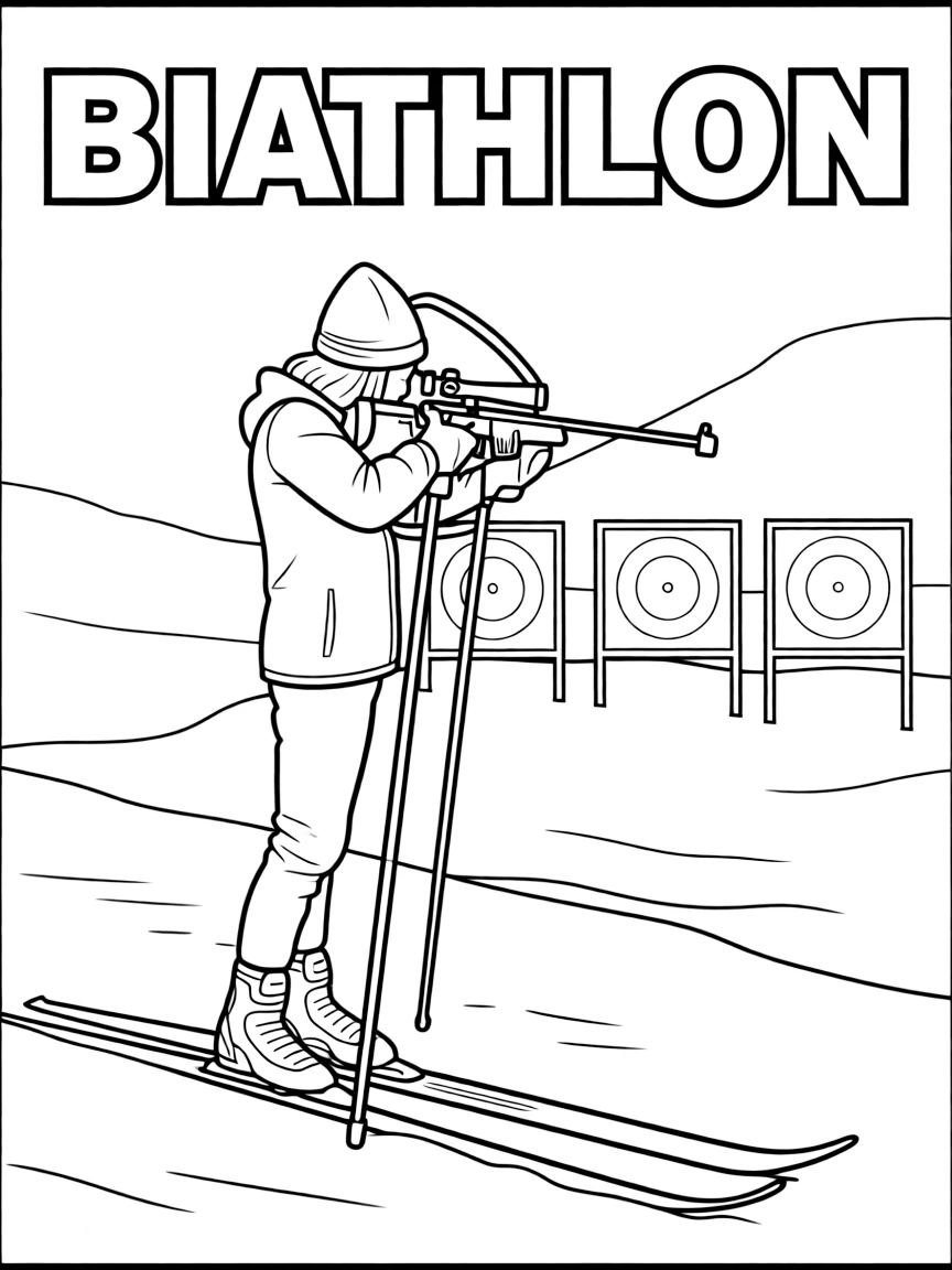 (winter olympics, sports) **Biathlon**
A skier pausing on cross-country skis to aim a rifle at small targets, skis and poles planted in the snow beside them. Title text at the top reads "BIATHLON."