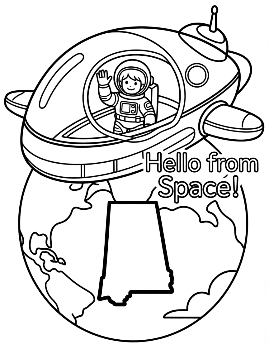 A brave astronaut waving from a spaceship orbiting Earth above Alabama.
