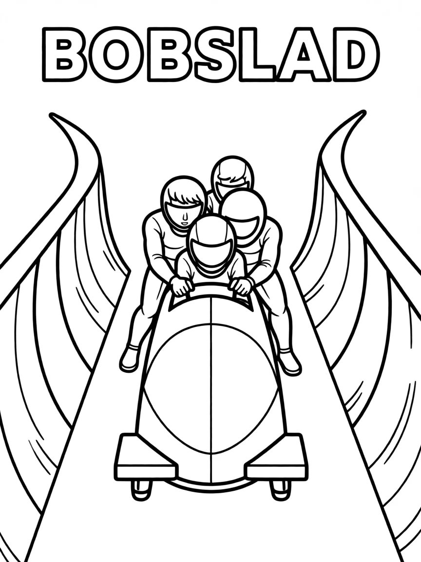 (winter olympics, sports) **Bobsled**
A four-person bobsled team pushing off at the start of an icy bobsled track, curved walls of the chute on either side. Title text at the top reads "BOBSLED."