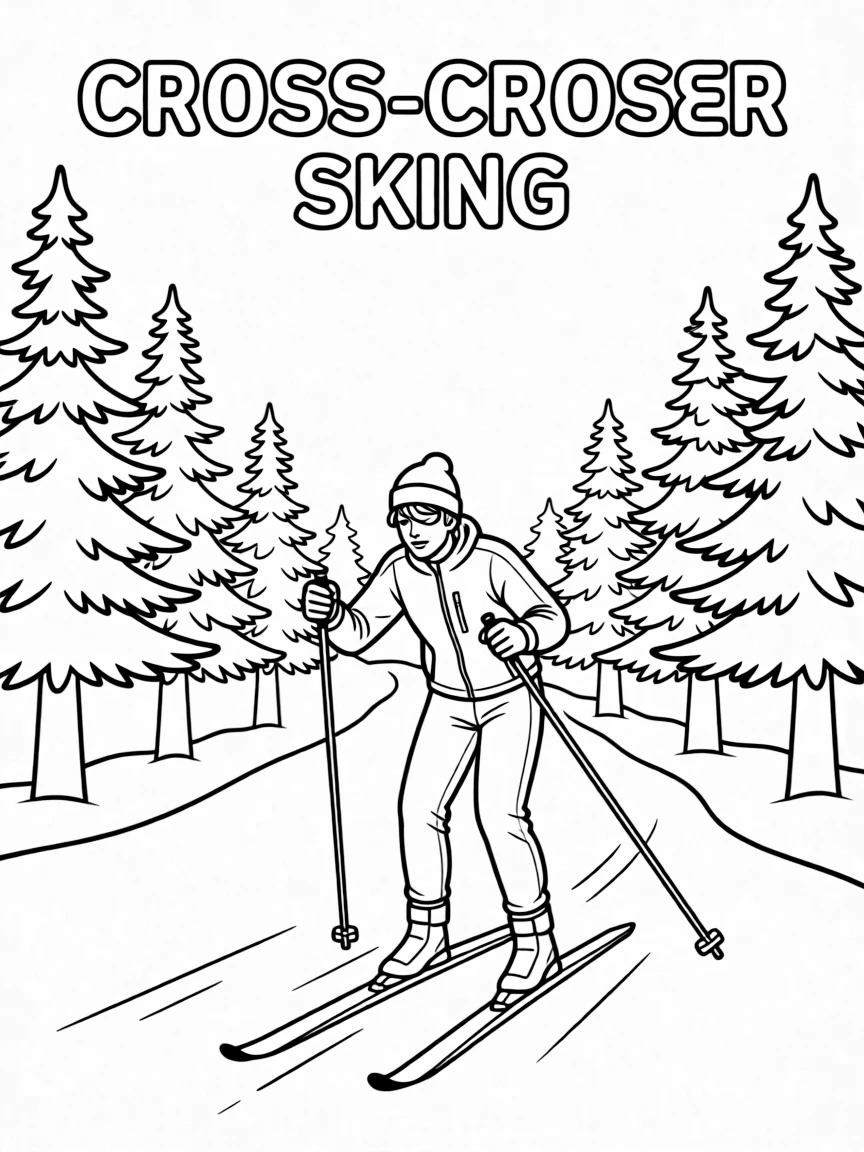 (winter olympics, sports) **Cross-Country Skiing**
A skier gliding across a snowy trail through pine trees, poles pushing off to either side. Title text at the top reads "CROSS-COUNTRY SKIING."