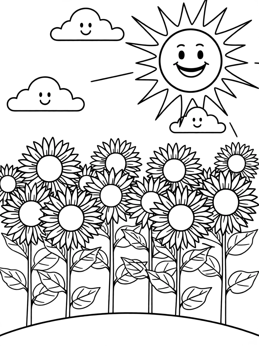 A cheerful sunflower field with a big, bright sun and a happy sky in Kansas.