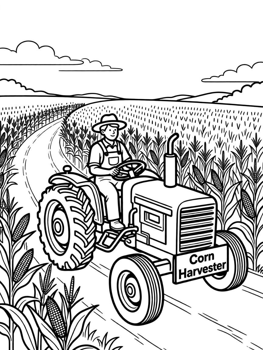 A busy farmer on a tractor, harvesting corn in a golden field in Iowa.