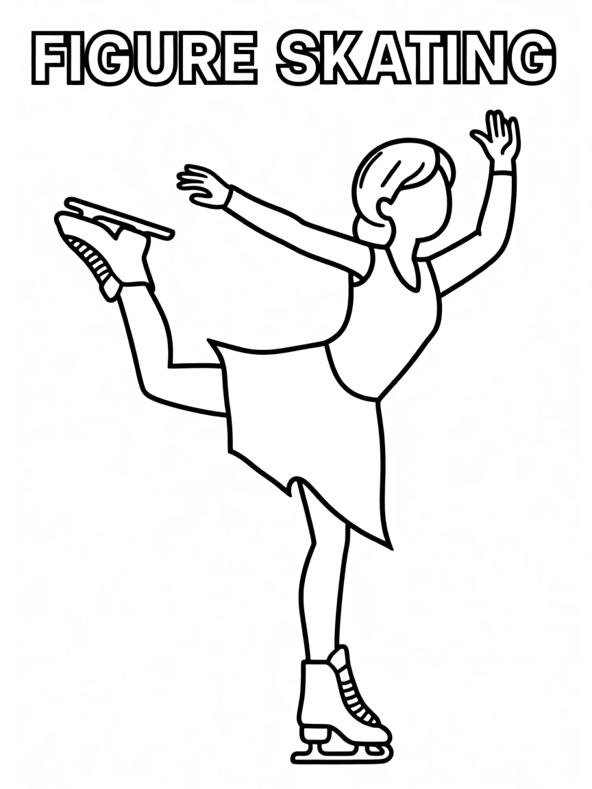 (winter olympics, sports) **Figure Skating**
A skater mid-spin on one blade, other leg extended behind in an arabesque, arms gracefully raised. Title text at the top reads "FIGURE SKATING."