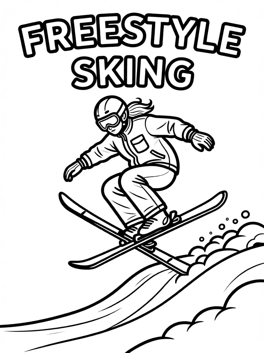 (winter olympics, sports) **Freestyle Skiing**
A skier launching off a snow jump, skis crossed and body twisted mid-aerial trick. Title text at the top reads "FREESTYLE SKIING."