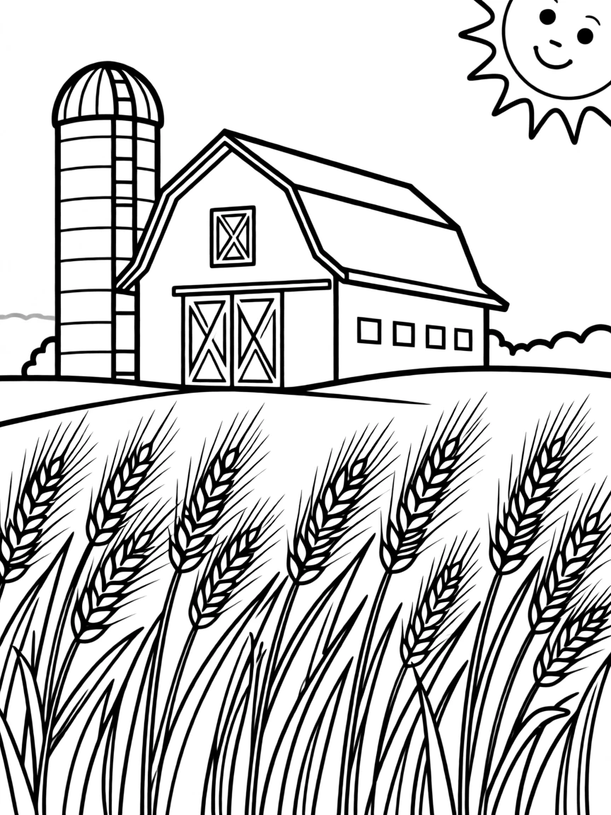 A smiling wheat field with a big red barn and a silo in North Dakota.