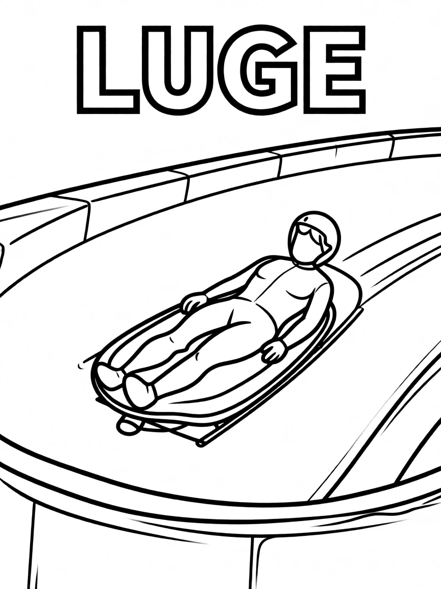 (winter olympics, sports) **Luge**
An athlete lying flat on their back on a small sled, feet-first, racing down a curving icy luge track. Title text at the top reads "LUGE."