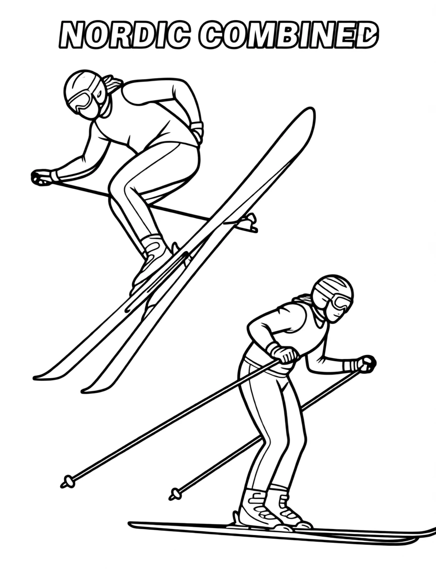 (winter olympics, sports) **Nordic Combined**
A single athlete shown split between a ski-jumping pose in mid-flight and a cross-country skiing stride. Title text at the top reads "NORDIC COMBINED."