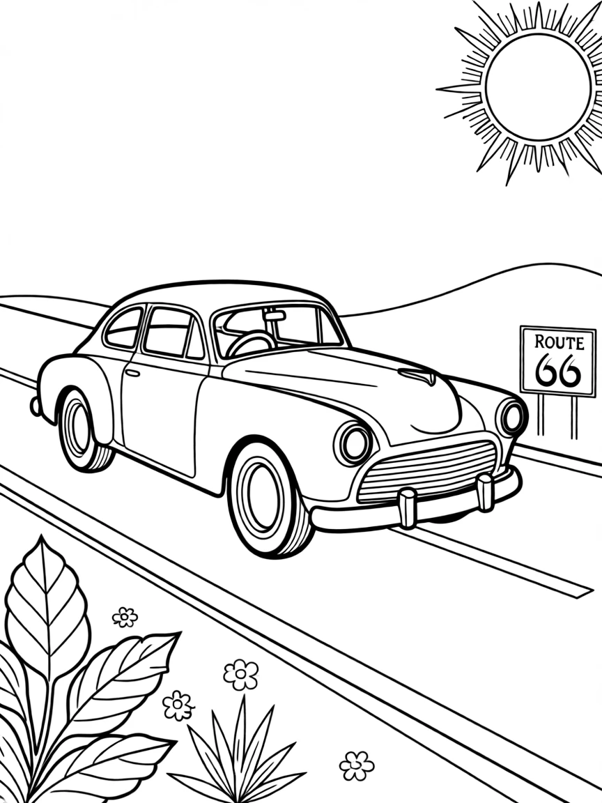 A cool vintage car driving down Route 66 with a bright, sunny sky in Oklahoma.
