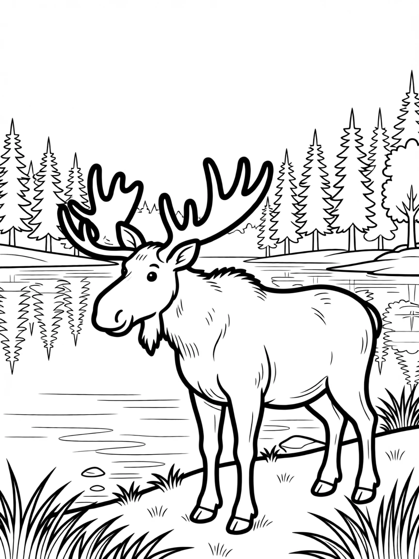 A friendly moose standing by a calm lake with reflections of trees in New Hampshire.