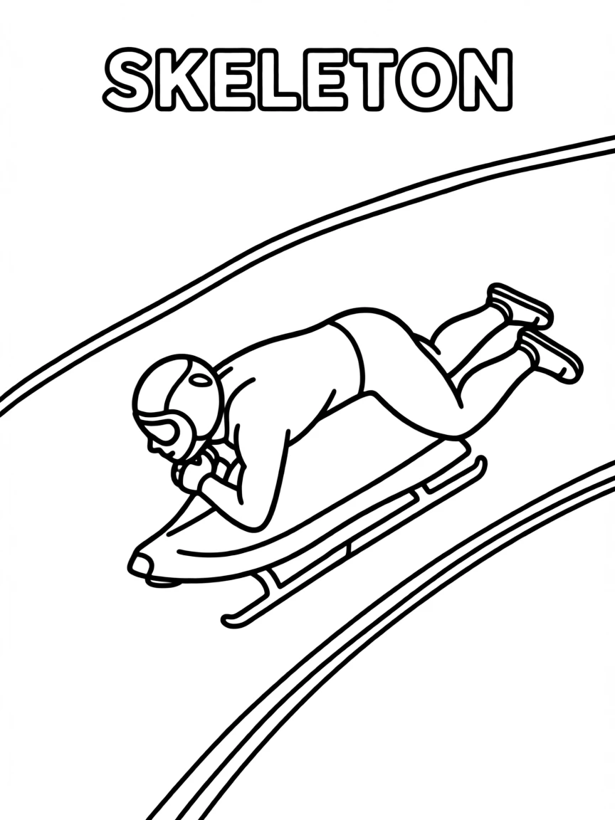 (winter olympics, sports) **Skeleton**
An athlete diving headfirst onto a small sled, chin just above the ice, racing down a curving track. Title text at the top reads "SKELETON."