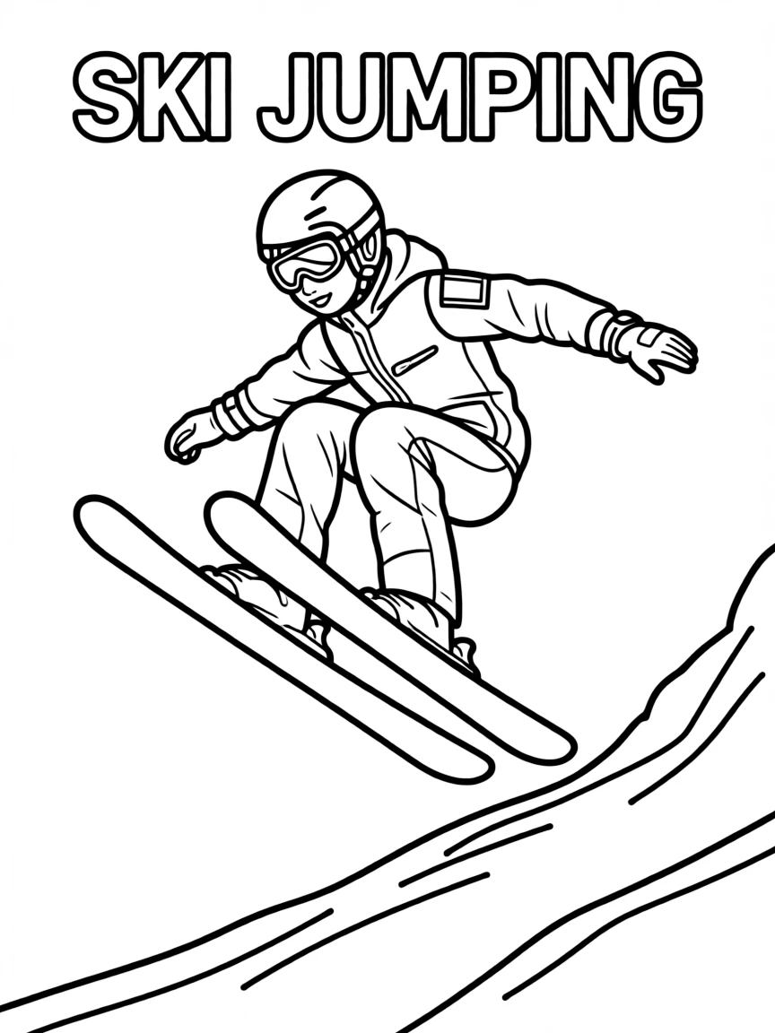 (winter olympics, sports) **Ski Jumping**
A skier soaring through the air in a V-shaped ski position high above a snowy landing hill. Title text at the top reads "SKI JUMPING."