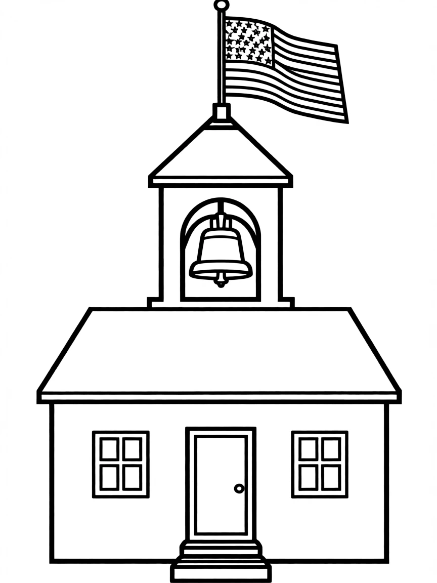 A little historical building with a big bell and a proud American flag in Massachusetts.