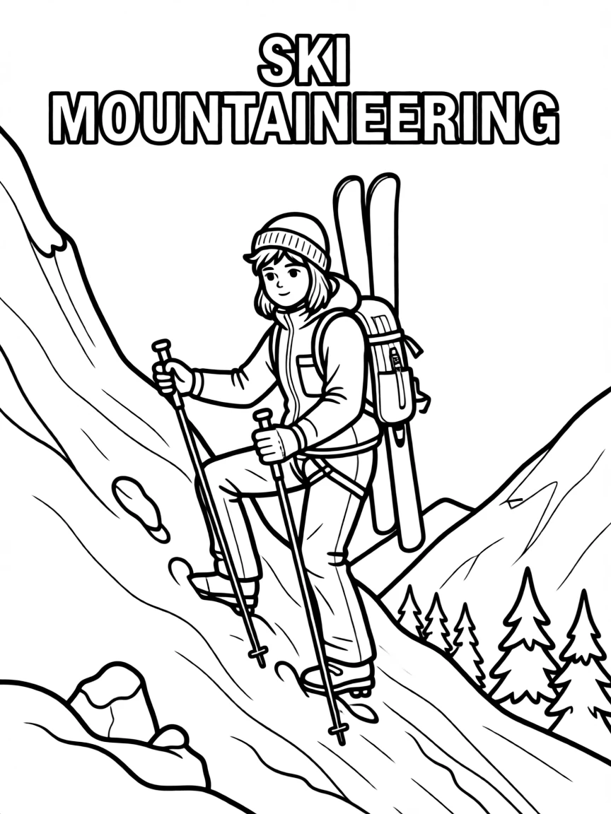 (winter olympics, sports) **Ski Mountaineering**
A climber ascending a steep snowy mountainside with skis strapped to their backpack and climbing poles in hand. Title text at the top reads "SKI MOUNTAINEERING."